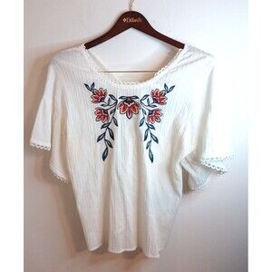Moon River Floral Blouse Top Womens Large White Pink Embroidered Boho Peasant